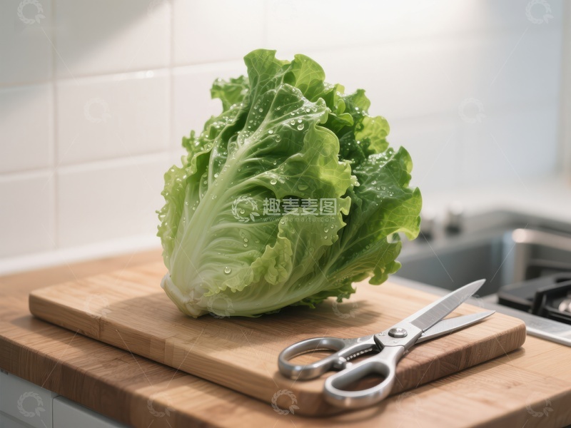 高清大图下载【趣麦麦图】新鲜生菜置于砧板之上
