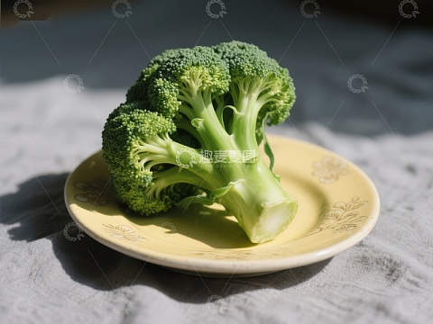 新鲜西兰花置于黄色盘中