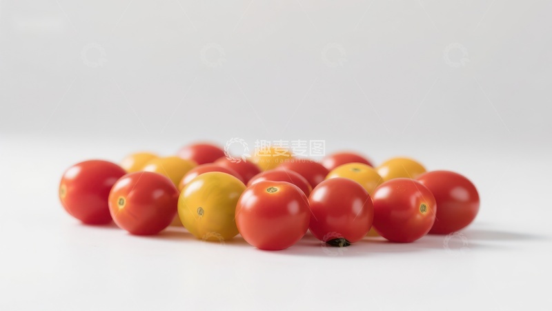 高清大图下载【趣麦麦图】色彩鲜艳的樱桃番茄散落于白色背景