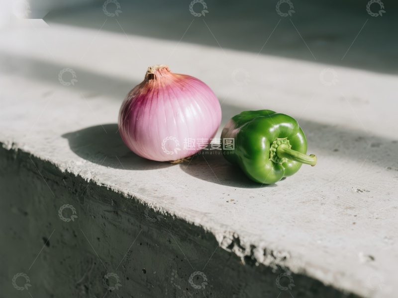 高清大图下载【趣麦麦图】洋葱与青椒静置水泥台