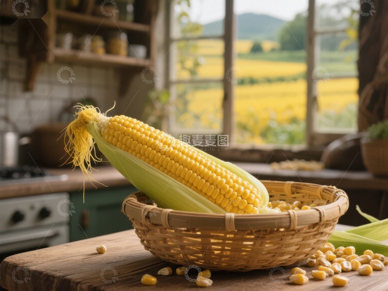 高清大图下载【趣麦麦图】厨房窗边的玉米与乡村风景