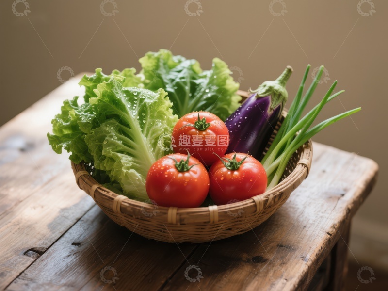高清大图下载【趣麦麦图】新鲜蔬菜篮子静置木桌