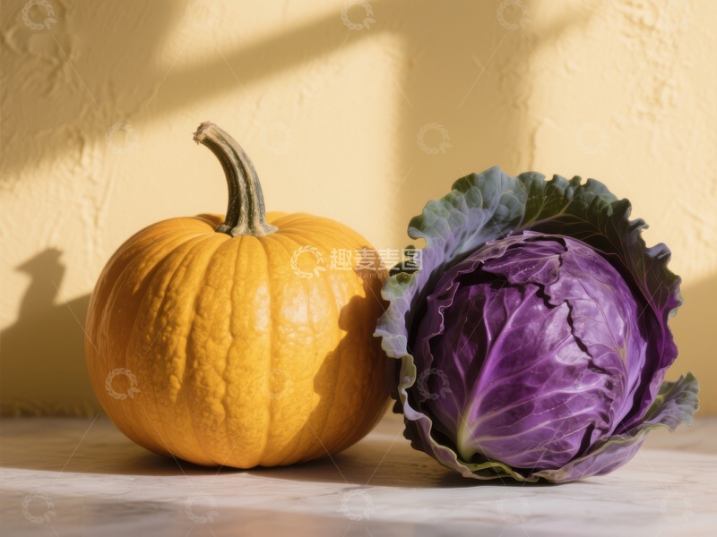 高清大图下载【趣麦麦图】橙色南瓜与紫色卷心菜并置