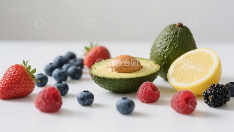 高清大图下载【趣麦麦图】新鲜水果组合：草莓、蓝莓、牛油果和柠檬