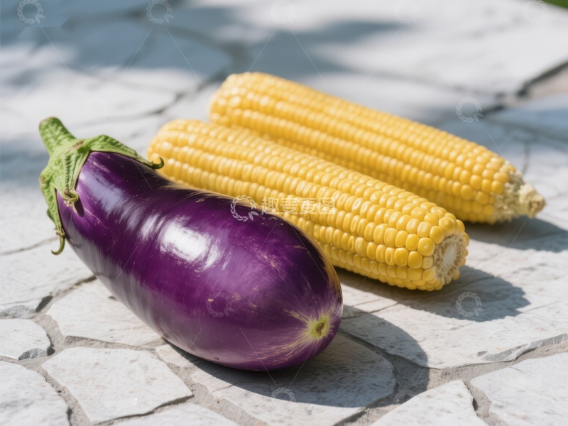 高清大图下载【趣麦麦图】紫色茄子与黄色玉米并排摆放