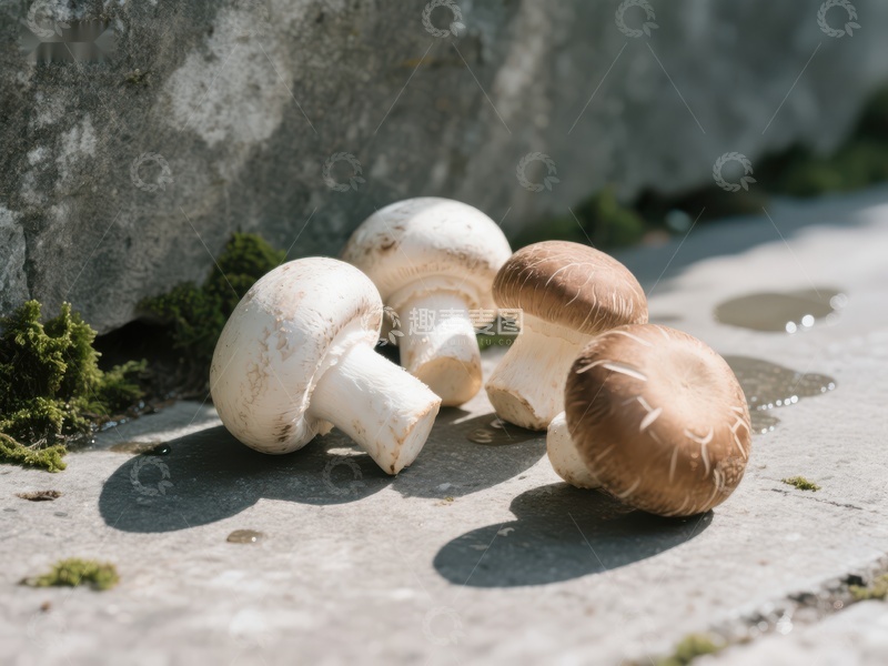 高清大图下载【趣麦麦图】石墙旁的蘑菇群