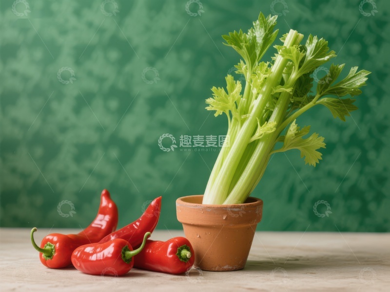 高清大图下载【趣麦麦图】芹菜与红辣椒的静物组合