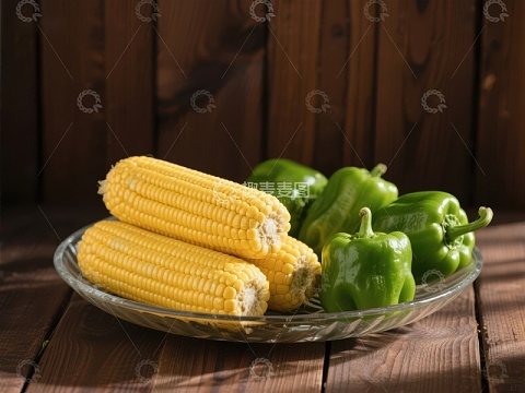 玉米与青椒置于木桌上的静物图