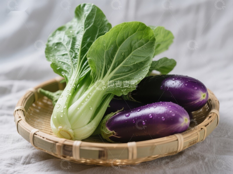 高清大图下载【趣麦麦图】新鲜蔬菜：小白菜与茄子