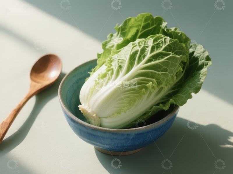 高清大图下载【趣麦麦图】新鲜白菜置于蓝色碗中