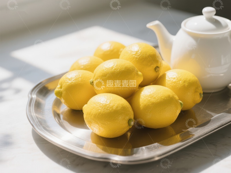 高清大图下载【趣麦麦图】银盘上的柠檬与白壶
