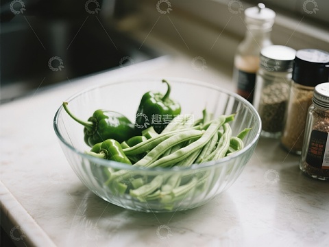 玻璃碗中的青椒与四季豆