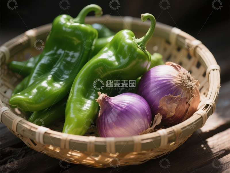 高清大图下载【趣麦麦图】篮中新鲜青椒与洋葱