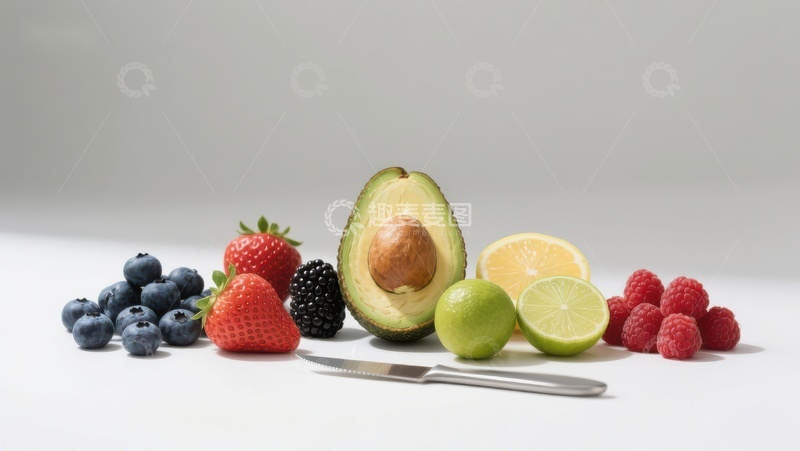 高清大图下载【趣麦麦图】新鲜水果与刀具的静物组合