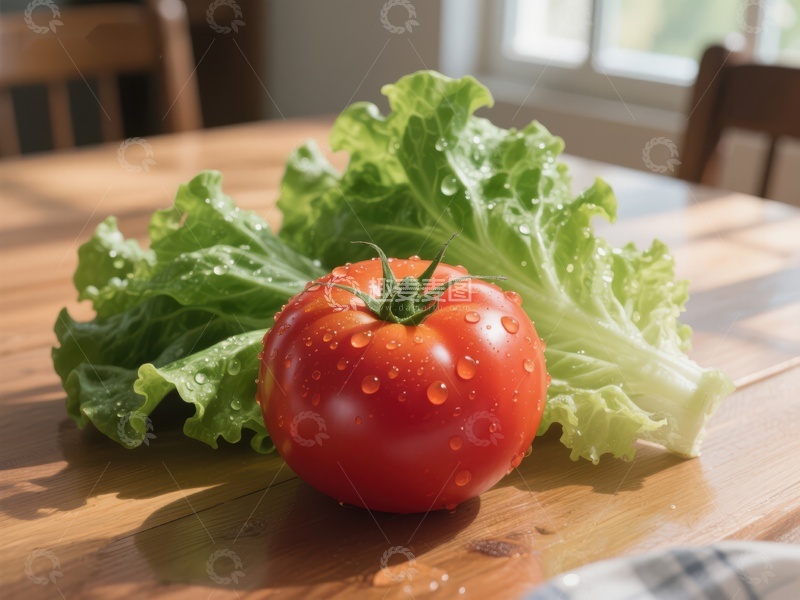 高清大图下载【趣麦麦图】新鲜番茄与生菜置于木质桌面