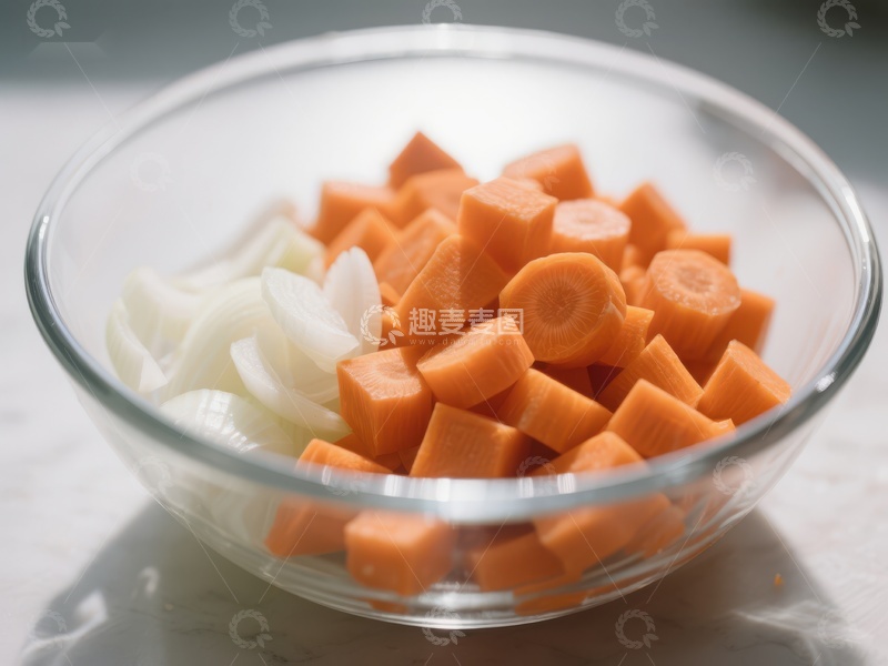 高清大图下载【趣麦麦图】玻璃碗中的胡萝卜和洋葱块