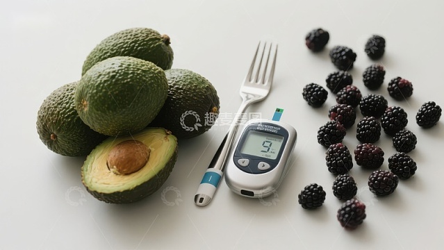 血糖仪旁的牛油果与黑莓