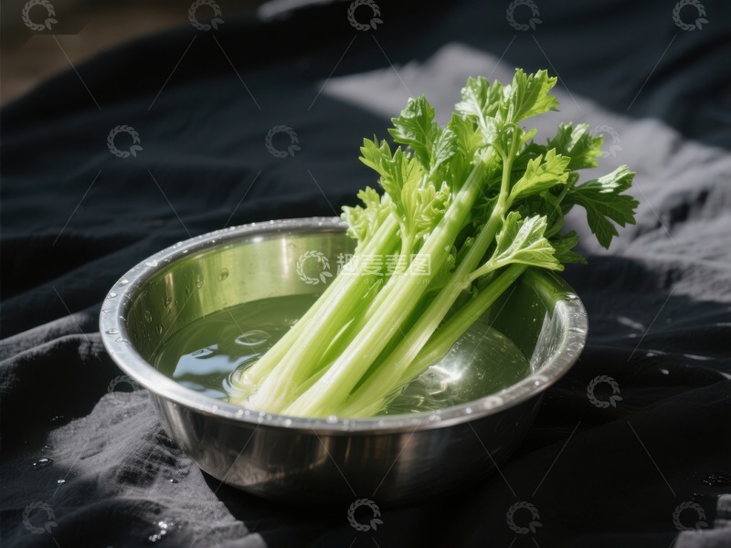 高清大图下载【趣麦麦图】新鲜芹菜置于金属碗中