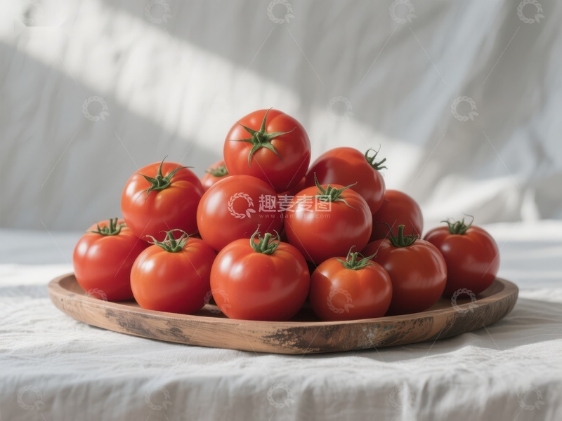 高清大图下载【趣麦麦图】新鲜番茄堆放在木质盘中