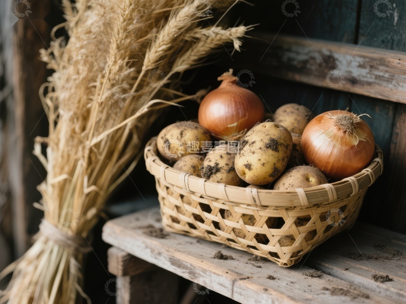 高清大图下载【趣麦麦图】篮子里的土豆和洋葱，旁边是干草