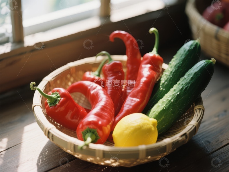 高清大图下载【趣麦麦图】篮子里的红椒、黄瓜和柠檬