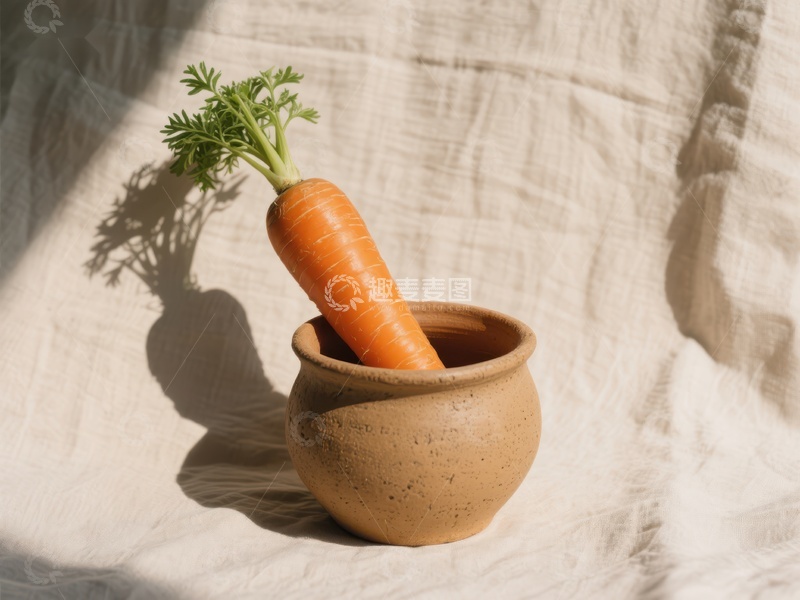 高清大图下载【趣麦麦图】胡萝卜置于陶罐中，阳光洒落