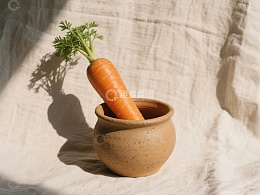 胡萝卜置于陶罐中，阳光洒落