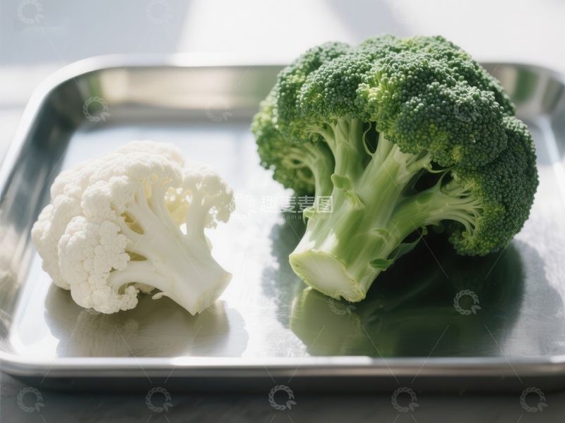 高清大图下载【趣麦麦图】西兰花与花椰菜并置金属盘