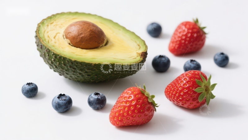 高清大图下载【趣麦麦图】新鲜水果组合：牛油果与草莓蓝莓