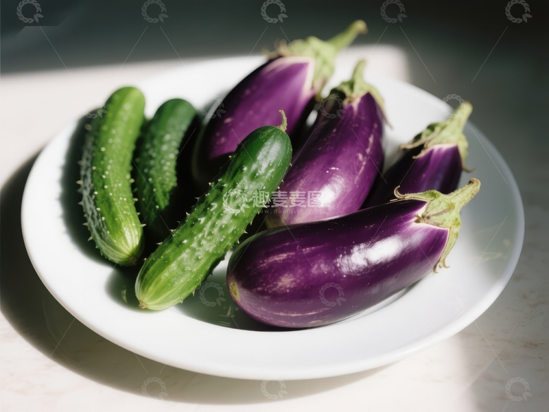 高清大图下载【趣麦麦图】盘中茄子与黄瓜的静物组合