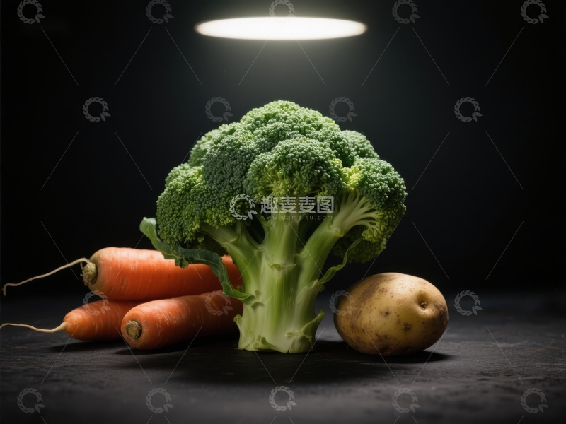 高清大图下载【趣麦麦图】新鲜蔬菜：西兰花、胡萝卜与土豆