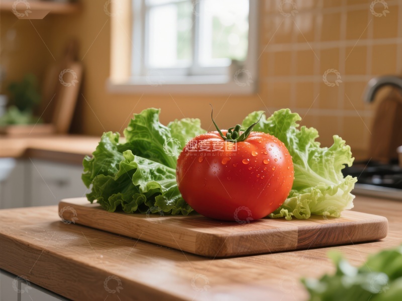 高清大图下载【趣麦麦图】新鲜番茄与生菜置于厨房砧板上