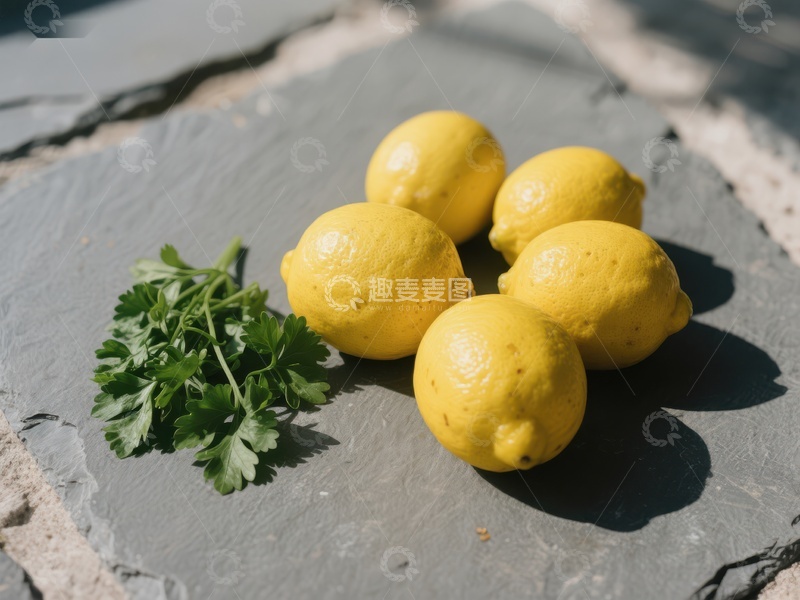 高清大图下载【趣麦麦图】新鲜柠檬与香菜置于石板上