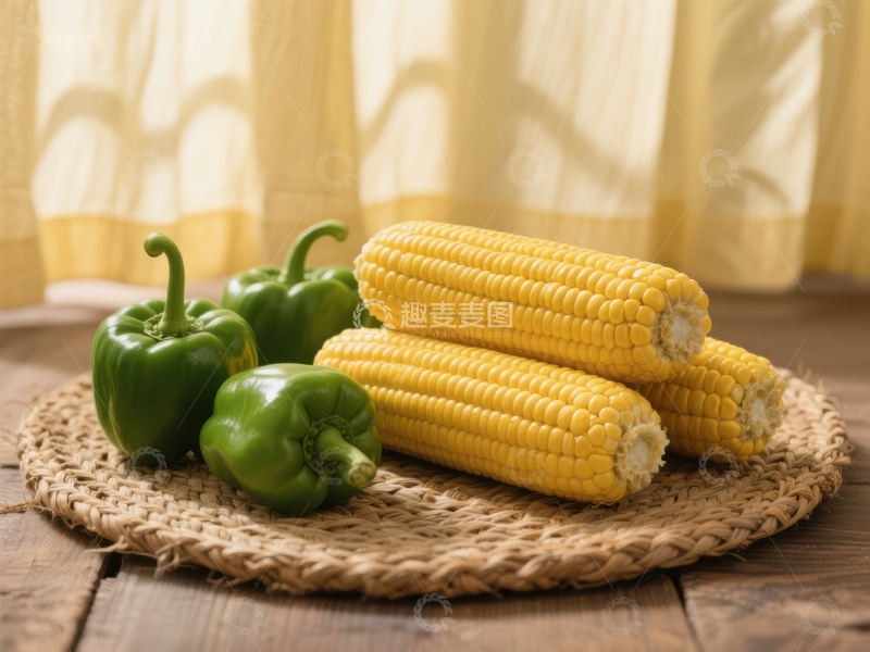 高清大图下载【趣麦麦图】新鲜玉米与青椒静物图