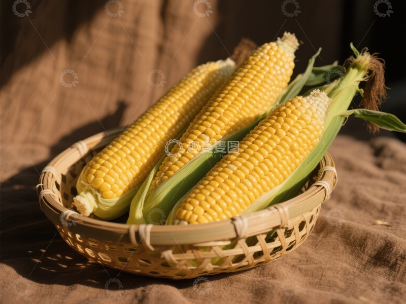 高清大图下载【趣麦麦图】篮子里的三根新鲜玉米