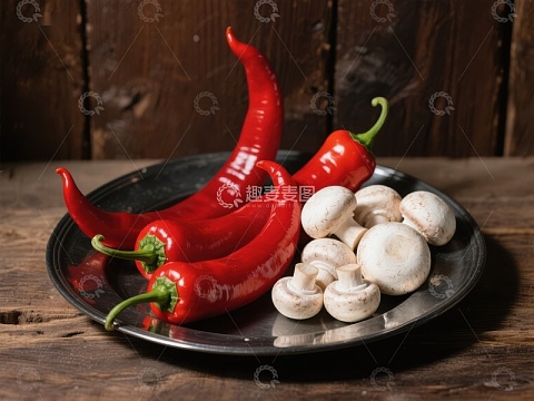 红椒与蘑菇的静物组合
