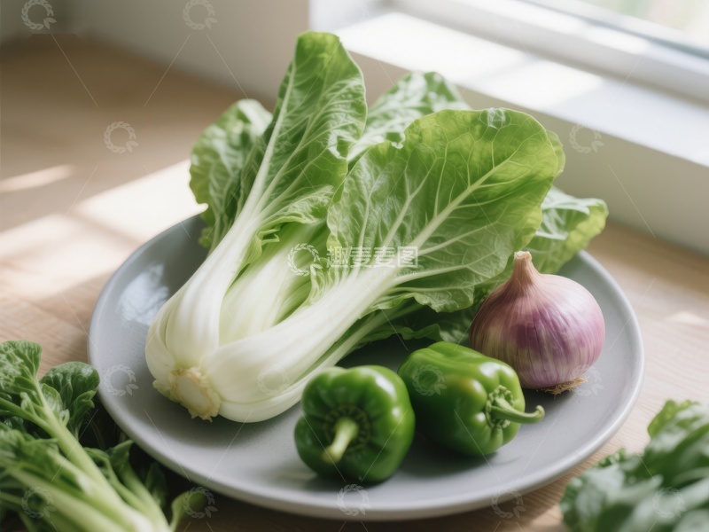 高清大图下载【趣麦麦图】新鲜蔬菜组合：小白菜、青椒与大蒜