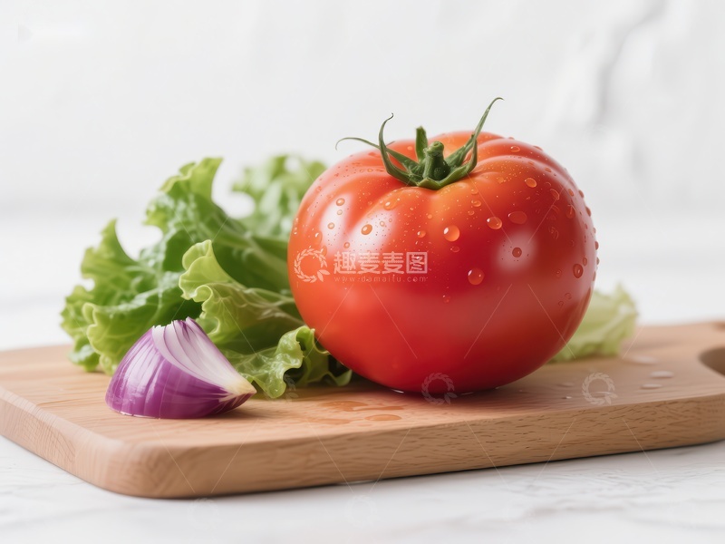 高清大图下载【趣麦麦图】新鲜番茄与生菜置于木制砧板上