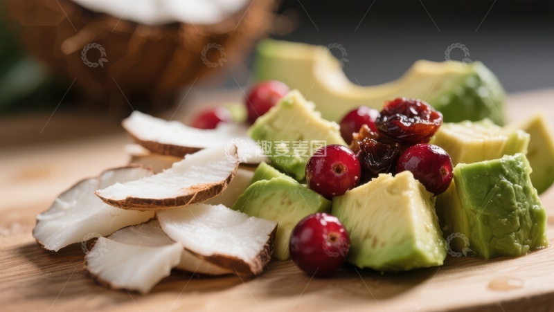 高清大图下载【趣麦麦图】新鲜牛油果、蔓越莓与椰子片的健康组合