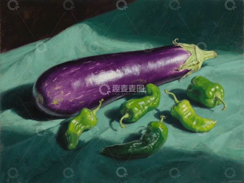 高清大图下载【趣麦麦图】紫色茄子与绿色辣椒的静物画