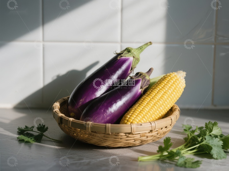 高清大图下载【趣麦麦图】篮子里的茄子和玉米