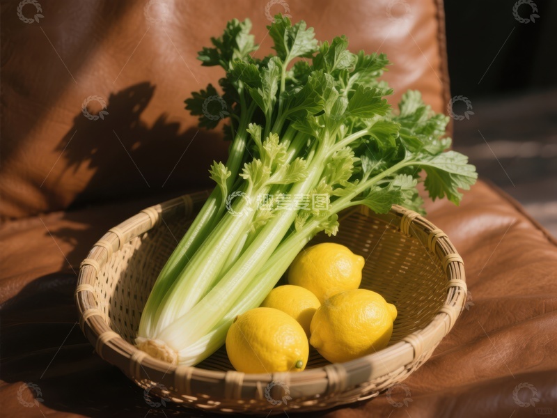 高清大图下载【趣麦麦图】篮中芹菜与柠檬的静物组合