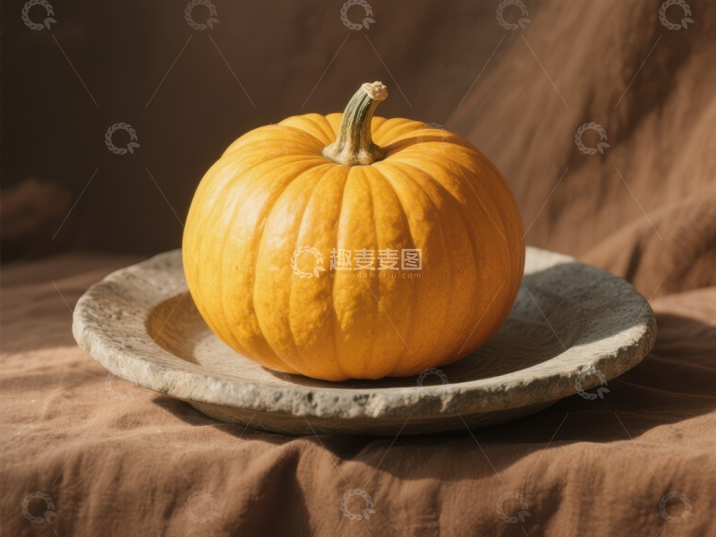 高清大图下载【趣麦麦图】橙色南瓜置于石盘之上