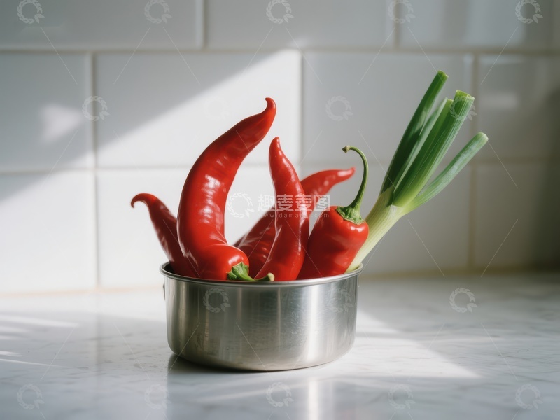 高清大图下载【趣麦麦图】红椒与葱置于不锈钢碗中