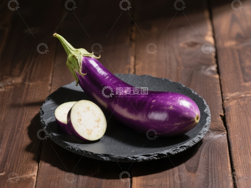 高清大图下载【趣麦麦图】新鲜茄子置于石盘上