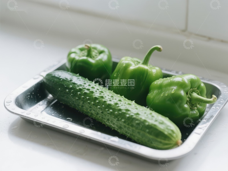 高清大图下载【趣麦麦图】新鲜青椒与黄瓜置于金属盘中