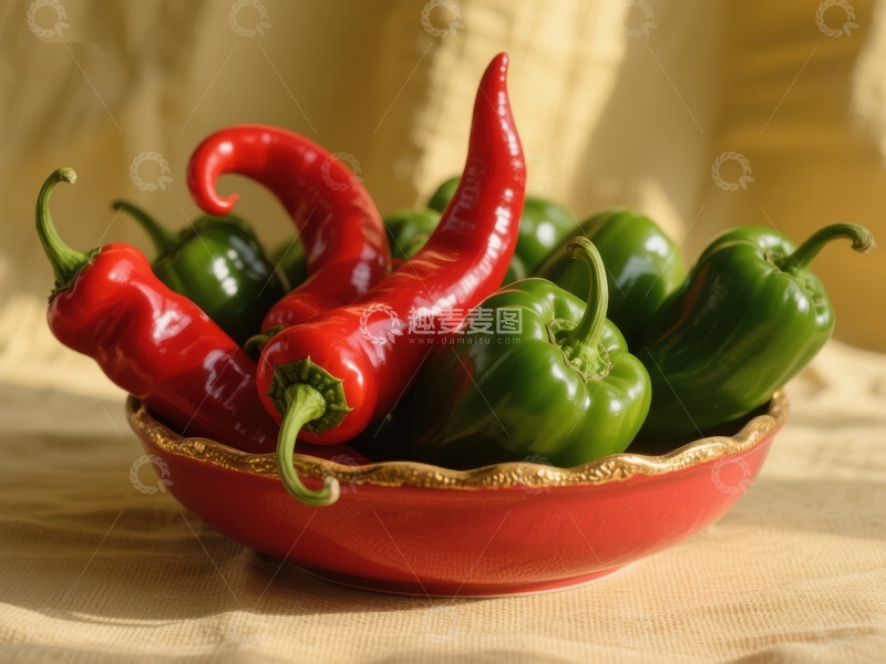 高清大图下载【趣麦麦图】红绿辣椒盛于红色瓷碗
