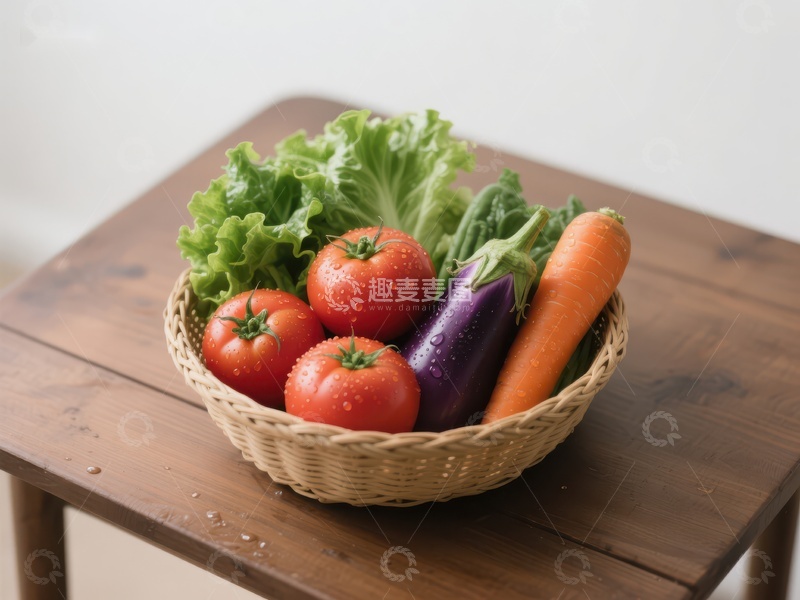 高清大图下载【趣麦麦图】新鲜蔬菜篮置于木质桌面上