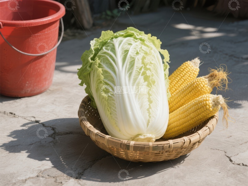 高清大图下载【趣麦麦图】白菜与玉米置于竹篮中