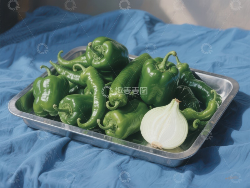 高清大图下载【趣麦麦图】新鲜青椒与洋葱置于金属盘中